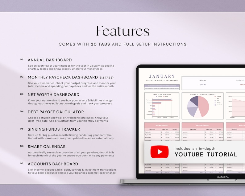 K&ouml;nnte beinhalten: Ein Laptop mit einem Finanz-Dashboard mit Diagrammen und Tabellen. Der Bildschirm zeigt eine Budget&uuml;bersicht f&uuml;r Januar mit Abschnitten f&uuml;r Einnahmen, Ausgaben und Cashflow. Der Text enth&auml;lt "Funktionen" und "Kommt mit 20 Tabs und vollst&auml;ndigen Setup-Anweisungen".