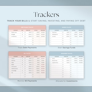 Op de afbeelding: Een digitale financi&euml;le tracker met de titel "Trackers" en de tekst "Volg uw rekeningen en begin met sparen, investeren en schulden aflossen". Het bevat secties voor schulden, besparingen, rekeningen en investeringen.