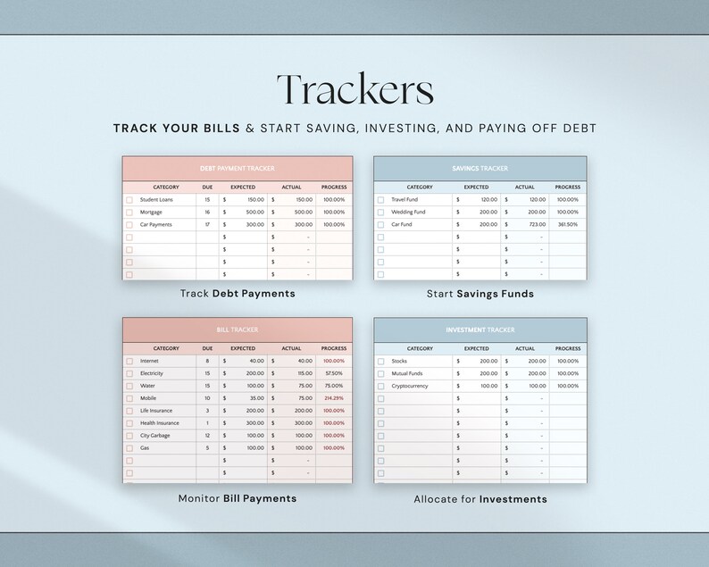 Op de afbeelding: Een digitale financi&euml;le tracker met de titel "Trackers" en de tekst "Volg uw rekeningen en begin met sparen, investeren en schulden aflossen". Het bevat secties voor schulden, besparingen, rekeningen en investeringen.