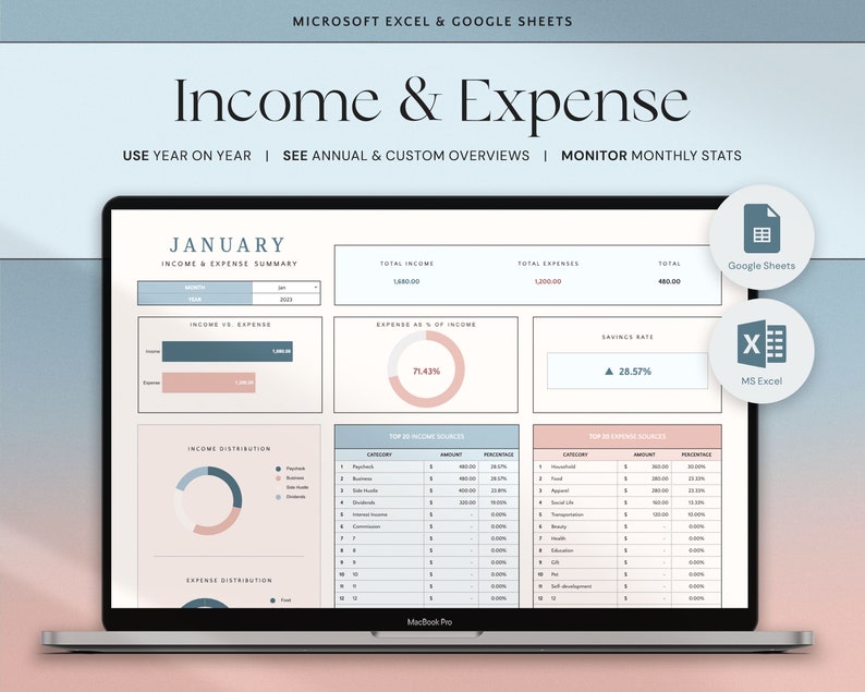 Hoja de cálculo de seguimiento de ingresos y gastos Planificador financiero personal Hoja de cálculo de Excel Seguimiento de gastos mensuales Plantilla de Google Sheets Finanzas imagen 1