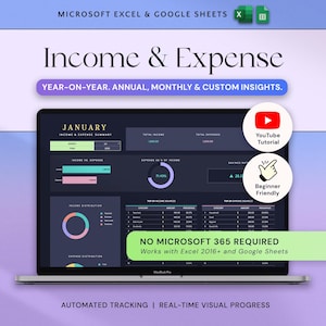 Pode incluir: Um laptop exibe um resumo de receitas e despesas de janeiro, com gráficos e visualizações de dados. O texto inclui "Rendimento e Despesa", "Ano a ano" e "Rastreamento automatizado".