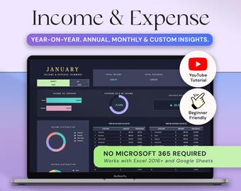 May include: A laptop screen displays an income and expense summary for January, with charts and data visualizations. Text includes "Income & Expense," "Year-on-Year," and "Automated Tracking." Icons for YouTube and "Beginner Friendly" are also visible.