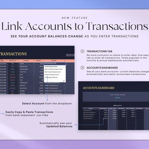 Peut inclure: Interface num&eacute;rique pr&eacute;sentant la fonctionnalit&eacute; "Lier les comptes aux transactions". L'image affiche une feuille de calcul sombre avec des donn&eacute;es financi&egrave;res, des menus d&eacute;roulants et le texte "Transactions". Elle met en &eacute;vidence la copie et le collage des transactions et la mise &agrave; jour des soldes.