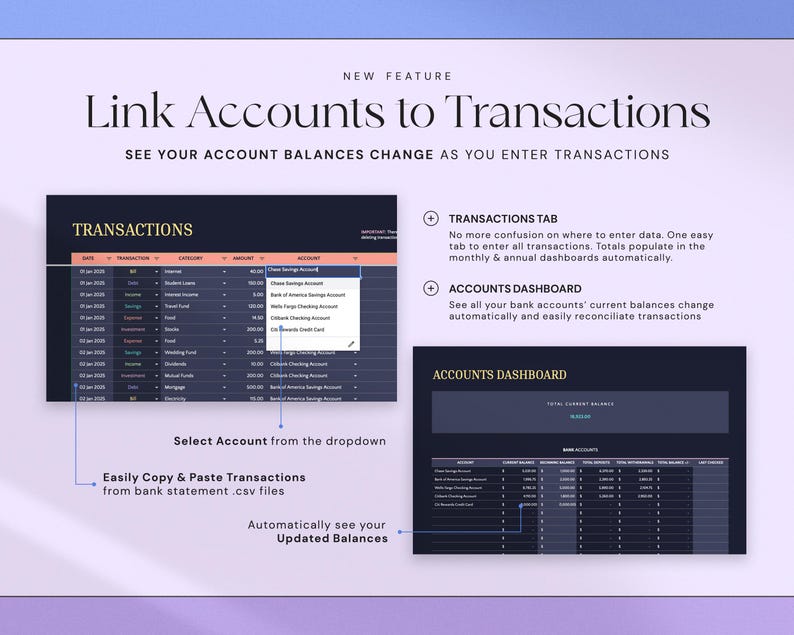 Peut inclure: Interface num&eacute;rique pr&eacute;sentant la fonctionnalit&eacute; "Lier les comptes aux transactions". L'image affiche une feuille de calcul sombre avec des donn&eacute;es financi&egrave;res, des menus d&eacute;roulants et le texte "Transactions". Elle met en &eacute;vidence la copie et le collage des transactions et la mise &agrave; jour des soldes.
