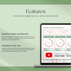 Puede incluir: Un MacBook Pro que muestra un panel de control de fondos de amortizaci&oacute;n con gr&aacute;ficos y un registro de transacciones. La pantalla muestra porcentajes y cantidades objetivo. La imagen incluye el texto "Features" y "Includes an in-depth YOUTUBE TUTORIAL".
