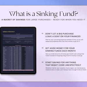 K&ouml;nnte beinhalten: Ein digitales Tablet zeigt ein Sinking-Funds-Setup mit dem Titel "Was ist ein Sinking Fund?" und erkl&auml;rendem Text. Der Hintergrund ist ein Farbverlauf aus Lila und Blau.