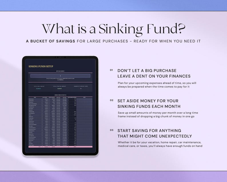 K&ouml;nnte beinhalten: Ein digitales Tablet zeigt ein Sinking-Funds-Setup mit dem Titel "Was ist ein Sinking Fund?" und erkl&auml;rendem Text. Der Hintergrund ist ein Farbverlauf aus Lila und Blau.