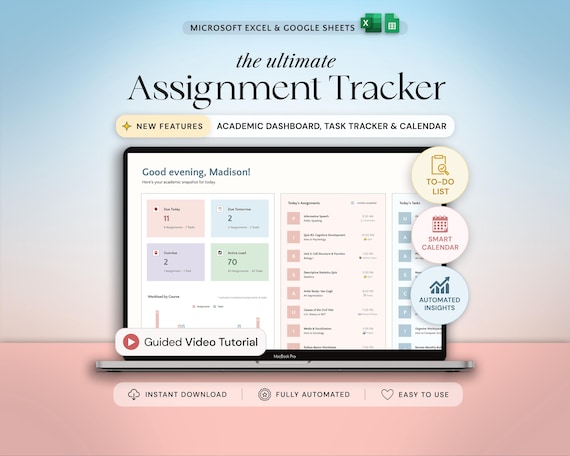 Assignment Tracker Spreadsheet Student Planner Google Sheets Excel School Academic Planner Assignment Calendar College Class Study Planner