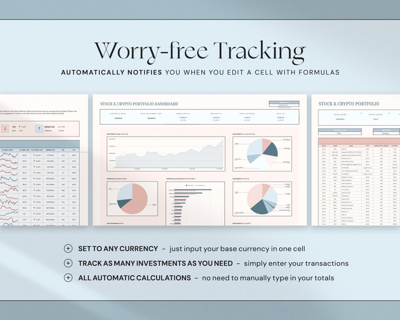 May include: A digital dashboard with the text "Worry-free Tracking" and "Stock & Crypto Portfolio Dashboard." The dashboard displays charts, graphs, and data tables. The text below the dashboard says "Set to any currency," "Track as many investments as you need," and "All automatic calculations."