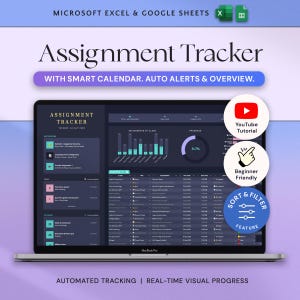 Rastreador de tareas Planificador académico para estudiantes Hojas de cálculo de Google Plantilla de Excel Planificador de estudios Hoja de cálculo Universidad Colegio Estético Modo oscuro