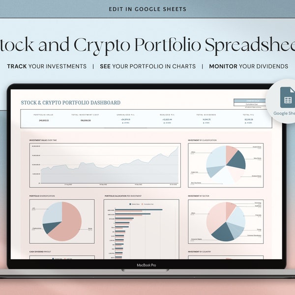 Suivi des investissements Feuille de calcul du portefeuille d'actions Google Sheets Journal de trading Crypto Tracker Planificateur de finances personnelles Feuille de calcul Tableau de bord