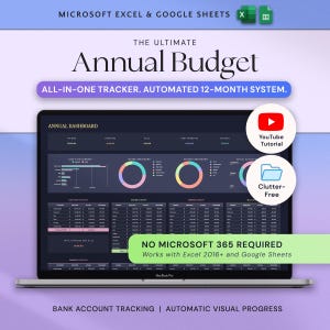 Può includere: Uno schermo di un laptop mostra un dashboard finanziario con la scritta "Annual Budget". Lo schermo mostra grafici e tabelle di dati, con il testo "All-in-one tracker. Automated 12-month system." L'immagine include anche il testo "No Microsoft 365 required."