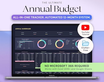 Hoja de cálculo de presupuesto anual definitivo, Hojas de cálculo de Google, Plantilla de presupuesto de Excel, Planificador de presupuesto mensual, Seguimiento de presupuesto familiar semanal y anual, Modo oscuro
