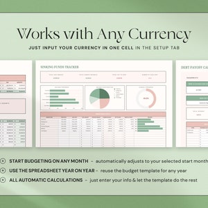 Op de afbeelding: Een digitale financi&euml;le spreadsheet-sjabloon met een groen en roze kleurenschema. De tekst luidt "Works with Any Currency" en "Start Budgeting on Any Month". De sjabloon bevat grafieken en tabellen voor het volgen van financi&euml;n.