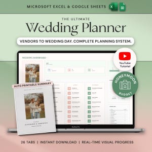 May include: A laptop screen showing a wedding planner template. The display features a dashboard with planning sections and a printable summary. Text includes "The Ultimate Wedding Planner" and "26 Tabs | Instant Download | Real-Time Visual Progress."