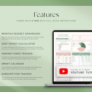 May include: A laptop displays a financial dashboard with charts and tables. The screen shows a monthly budget, debt payoff calculator, sinking funds tracker, smart calendar, and subscription tracker. The image includes the text "Features" and "Includes an in-depth YouTube tutorial."