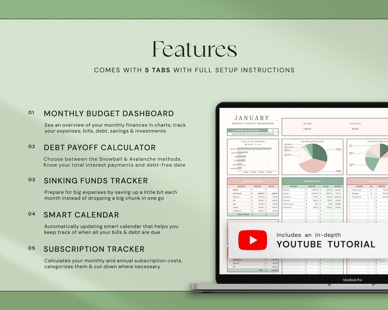 May include: A laptop displays a financial dashboard with charts and tables. The screen shows a monthly budget, debt payoff calculator, sinking funds tracker, smart calendar, and subscription tracker. The image includes the text "Features" and "Includes an in-depth YouTube tutorial."