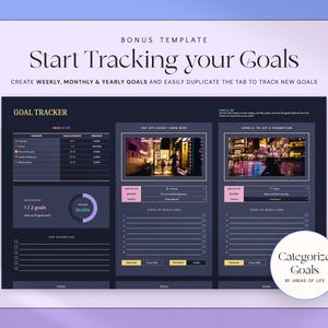 K&ouml;nnte beinhalten: Eine digitale Zielverfolgungs-Vorlage mit dem Text "Start Tracking your Goals". Die Vorlage enth&auml;lt Abschnitte f&uuml;r w&ouml;chentliche, monatliche und j&auml;hrliche Ziele mit Fortschrittsverfolgung und Kategorisierung nach Lebensbereichen.