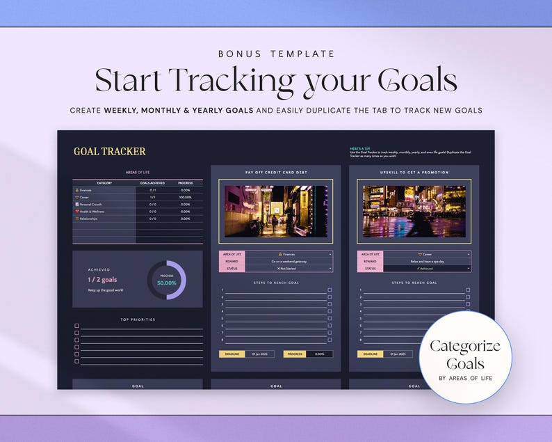 K&ouml;nnte beinhalten: Eine digitale Zielverfolgungs-Vorlage mit dem Text "Start Tracking your Goals". Die Vorlage enth&auml;lt Abschnitte f&uuml;r w&ouml;chentliche, monatliche und j&auml;hrliche Ziele mit Fortschrittsverfolgung und Kategorisierung nach Lebensbereichen.