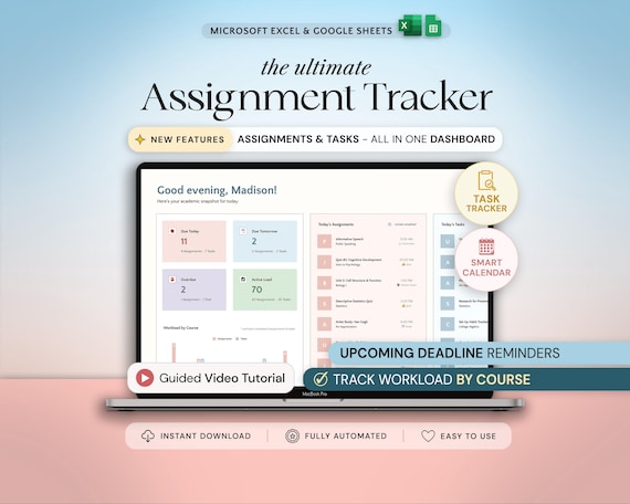 Assignment Tracker Spreadsheet Student Planner Google Sheets Excel School Academic Planner Assignment Calendar College Class Study Planner