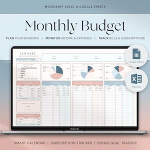 Foglio di calcolo del budget mensile Excel Fogli Google Dashboard del budget Tracker finanziario Foglio di calcolo Excel Pianificatore del budget personale Calendario delle bollette
