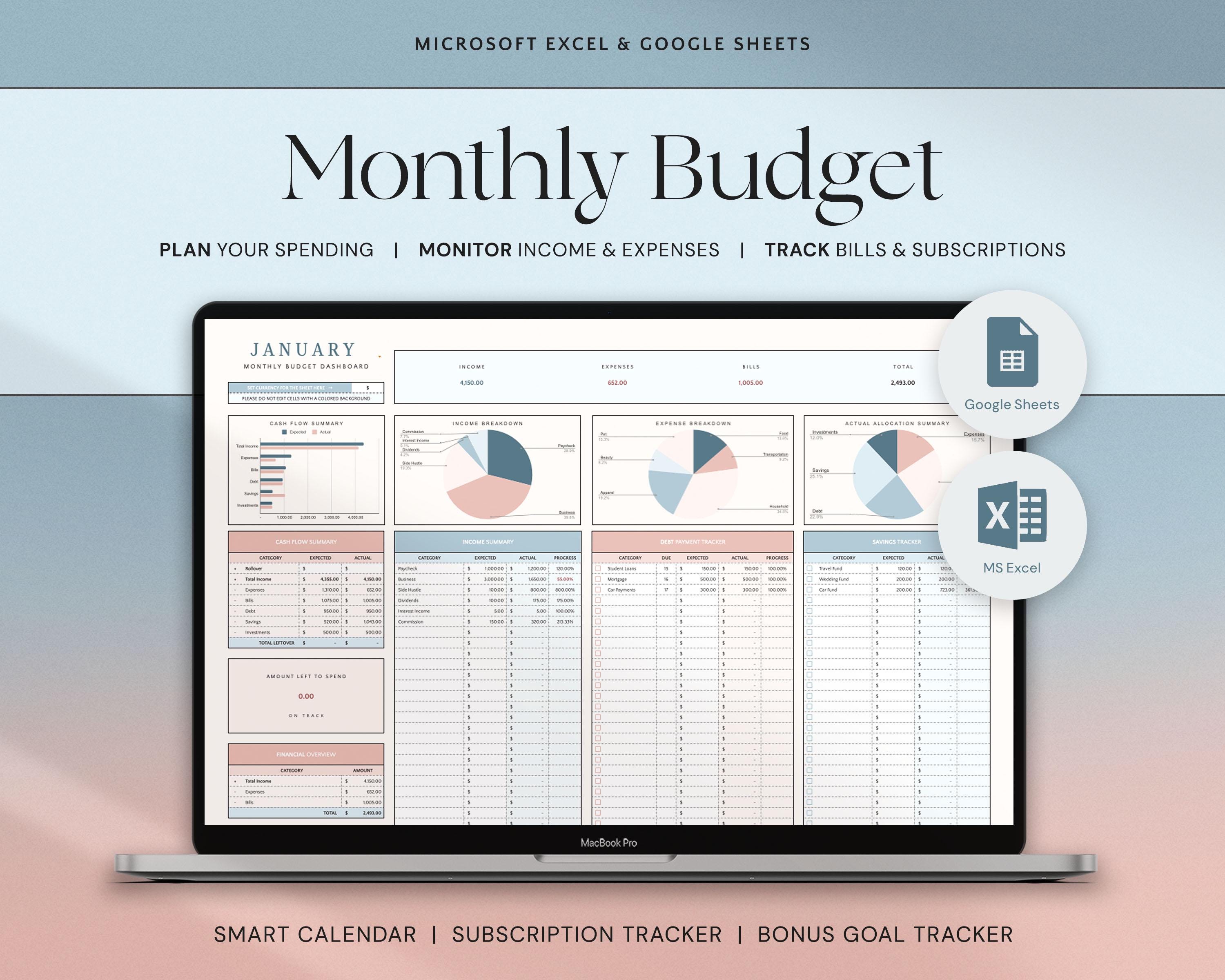 Monthly Budget Spreadsheet Excel Google Sheets Budget Dashboard Finance Tracker Excel Spreadsheet Personal Budget Planner Bill Calendar