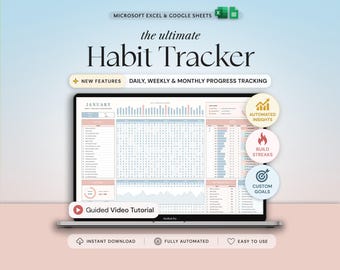 Planilha de controle de hábitos, modelo do Google Sheets e Excel, planejador de hábitos diários, rastreador de metas, planejador de hábitos semanais e planejador de metas, rotina de hábitos mensais.