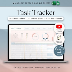 Rastreador de tareas Hoja de cálculo de Excel Rastreador de productividad Hojas de cálculo de Google Lista de tareas Administrador de tareas Planificador de trabajo Plantilla de calendario de tiempo para pequeñas empresas