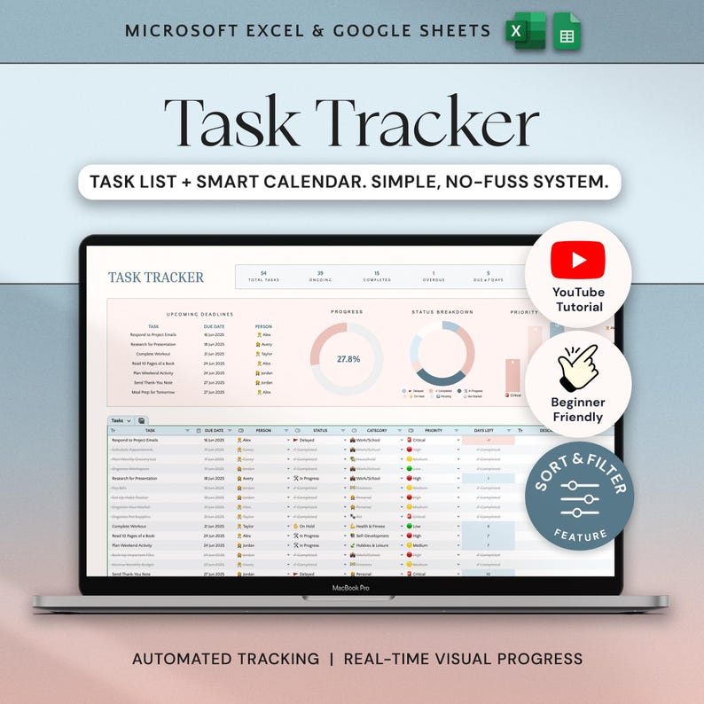 K&ouml;nnte beinhalten: Ein Laptop mit einer Task-Tracker-Oberfl&auml;che. Der Bildschirm zeigt eine Aufgabenliste, Fortschrittsdiagramme und einen Kalender. Der Text auf dem Bildschirm lautet "Task Tracker" und "Automated Tracking | Real-Time Visual Progress". Symbole weisen auf ein YouTube-Tutorial und Anf&auml;ngerfreundlichkeit hin.