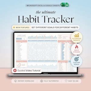 May include: A digital habit tracker spreadsheet for Microsoft Excel and Google Sheets displayed on a laptop screen. The interface features a January dashboard with charts, habit lists, and progress metrics. Includes icons for automated insights, streaks, and custom goals.