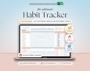 Könnte beinhalten: Eine digitale Gewohnheits-Tracker-Tabelle für Microsoft Excel und Google Sheets auf einem Laptop-Bildschirm. Die Benutzeroberfläche zeigt ein Januar-Dashboard mit Diagrammen, Gewohnheitslisten und Fortschrittskennzahlen sowie Symbole für automatisierte Einblicke.