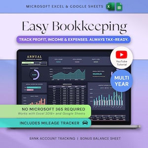 May include: A laptop screen displays a financial dashboard with charts and graphs, labeled "Easy Bookkeeping." The screen shows data analysis, including income, expenses, and profit. Text includes "Track Profit, Income & Expenses. Always Tax-Ready." and "Includes Mileage Tracker."