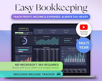 Może przedstawiać: Ekran laptopa wyświetla panel finansowy z wykresami, zatytułowany "Easy Bookkeeping". Ekran pokazuje analizę danych, w tym dochody, wydatki i zyski. Tekst zawiera "Track Profit, Income & Expenses. Always Tax-Ready." i "Includes Mileage Tracker."