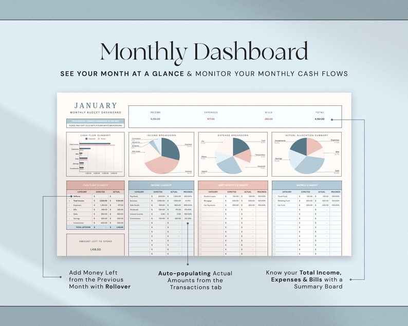 May include: A digital monthly dashboard with the title "Monthly Dashboard". The dashboard includes sections for income, expenses, and a summary board. Text on the dashboard includes "See your month at a glance & monitor your monthly cash flows".