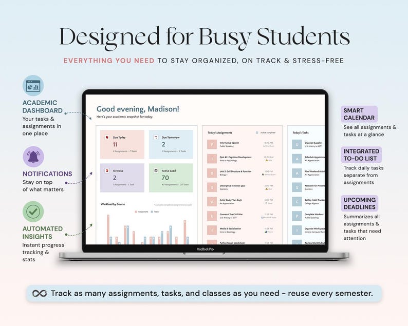 May include: A silver MacBook Pro displays a student dashboard with the text "Designed for Busy Students." The screen shows a calendar, to-do list, and assignment tracking. The interface is designed to help students stay organized and stress-free.