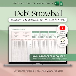 Könnte beinhalten: Ein Laptop-Bildschirm zeigt einen Schuldenrückzahlungsplan mit dem Titel "Debt Snowball". Der Bildschirm zeigt eine Tabelle mit Spalten für Zahlungsdaten, Salden und Zinsen. Text enthält "Verfolgen Sie bis zu 30 Schulden" und "Automatisches Tracking".