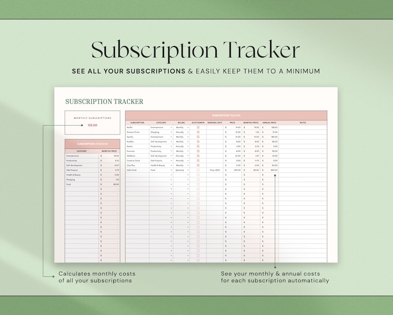 May include: A subscription tracker with the title "Subscription Tracker" and the text "SEE ALL YOUR SUBSCRIPTIONS & EASILY KEEP THEM TO A MINIMUM". The tracker calculates monthly costs and shows monthly and annual costs for each subscription.