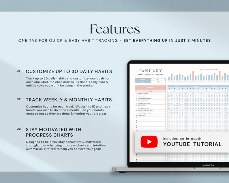 May include: A laptop screen displays a digital habit tracker with a January calendar. The screen shows a habit tracker dashboard with a red YouTube tutorial button. The text on the screen highlights features like customizing daily habits, tracking weekly and monthly habits, and progress charts.