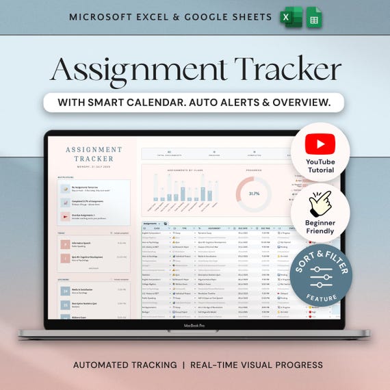 Assignment Tracker Spreadsheet Student Planner Google Sheets Excel School Academic Planner Assignment Calendar College Class Study Planner
