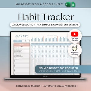 May include: A laptop displaying a habit tracker template for Microsoft Excel and Google Sheets. The screen shows a January dashboard with daily, weekly, and monthly tracking options. The design includes a YouTube tutorial and is beginner-friendly.