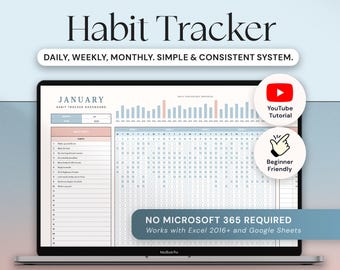 Könnte beinhalten: Ein Laptop mit einer Habit Tracker Vorlage für Microsoft Excel und Google Sheets. Der Bildschirm zeigt ein Januar-Dashboard mit täglichen, wöchentlichen und monatlichen Tracking-Optionen. Enthält ein YouTube-Tutorial und ist anfängerfreundlich.