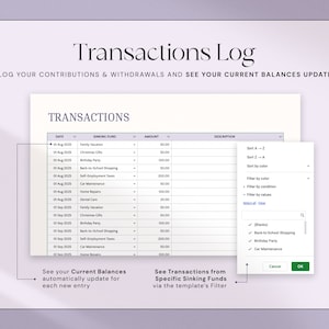 Puede incluir: Una hoja de c&aacute;lculo digital titulada "Transactions Log" con una tabla que muestra transacciones financieras. La imagen destaca caracter&iacute;sticas como actualizaciones autom&aacute;ticas de saldo y filtrado por fondos de amortizaci&oacute;n. El texto incluye "Registre sus contribuciones y retiros y vea sus saldos actuales."