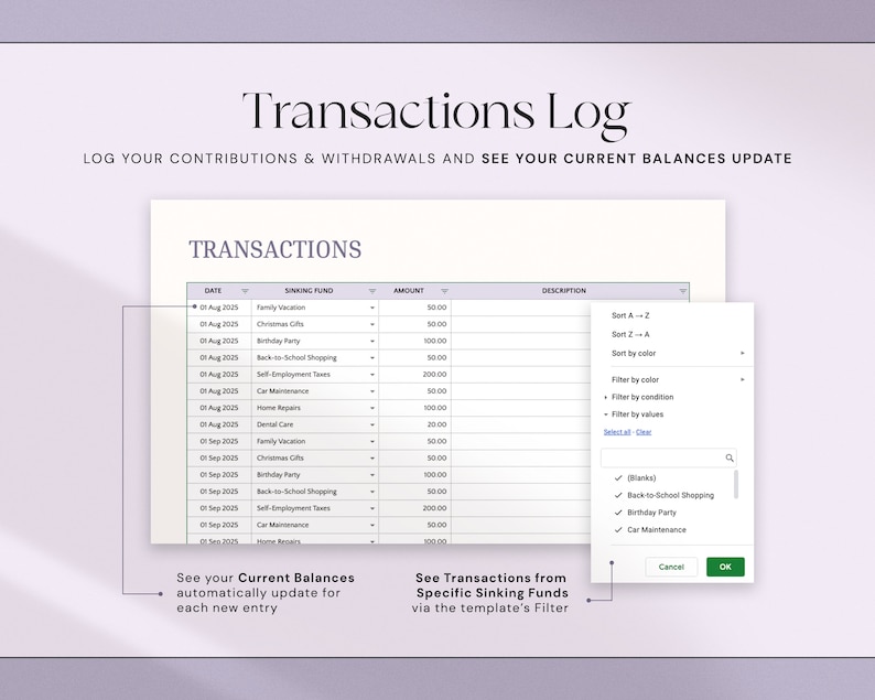 Puede incluir: Una hoja de c&aacute;lculo digital titulada "Transactions Log" con una tabla que muestra transacciones financieras. La imagen destaca caracter&iacute;sticas como actualizaciones autom&aacute;ticas de saldo y filtrado por fondos de amortizaci&oacute;n. El texto incluye "Registre sus contribuciones y retiros y vea sus saldos actuales."