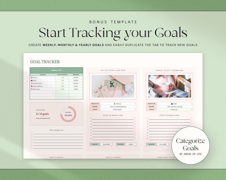 May include: A digital goal tracker template with the text "Start Tracking your Goals." The template includes sections for weekly, monthly, and yearly goals, with areas for tracking progress and categorizing goals by areas of life.