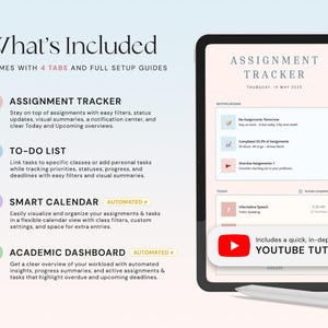 May include: A digital planner interface displayed on a tablet, with the text "What's Included" and descriptions of features like an assignment tracker, to-do list, and smart calendar. Includes a YouTube tutorial.