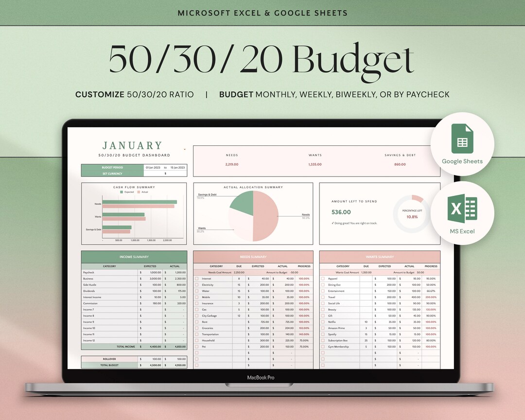 50/30/20 Budget Planner Google Sheets Monthly Budget Spreadsheet Excel