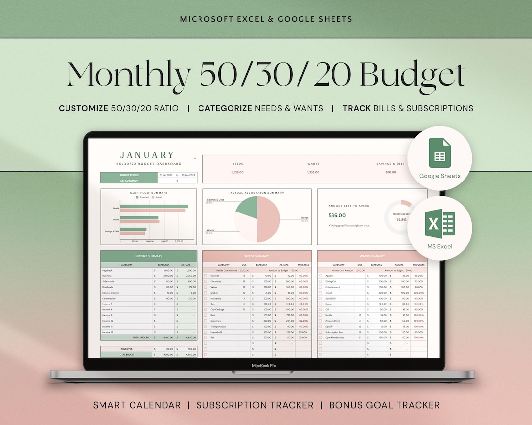 50/30/20 Monthly Budget Spreadsheet Excel Budget Planner Google Sheets ...