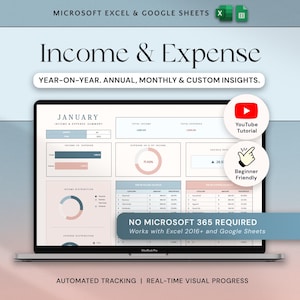 May include: A laptop screen displays an "Income & Expense" spreadsheet template. The template includes charts, graphs, and data tables for tracking income, expenses, and savings. Text on the screen includes "Year-on-Year", "Annual", "Monthly", and "Custom Insights".