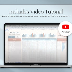 May include: A MacBook Pro displaying a spreadsheet with a habit tracker dashboard for January. The screen shows a video tutorial with the text "Includes Video Tutorial" and a YouTube icon that says "Watch on YouTube".