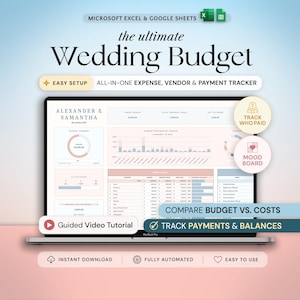 Op de afbeelding: Een laptopscherm met een spreadsheet-sjabloon voor een huwelijksbudget voor Microsoft Excel en Google Sheets. De interface bevat trackers voor uitgaven, leveranciers en betalingen met diverse grafieken, tabellen en overzichtssecties.